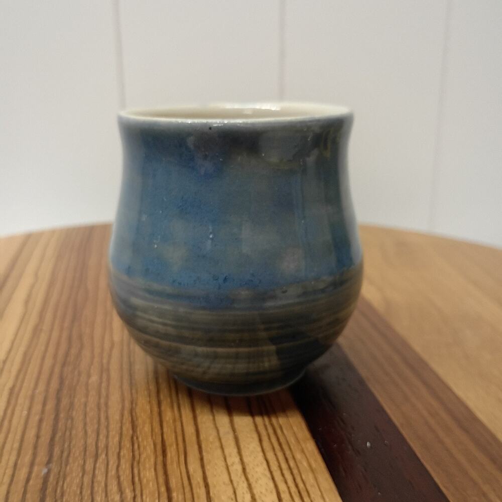 Studio Art Pottery Teacup Tumbler Blue Grey Ombre Hand Thrown Hand Painted